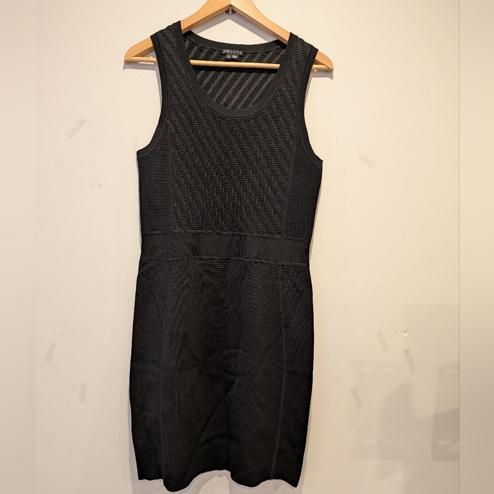 Theory Sleeveless Little Black Textured Midi Dress Sz L Office Workwear Business - Picture 4 of 7